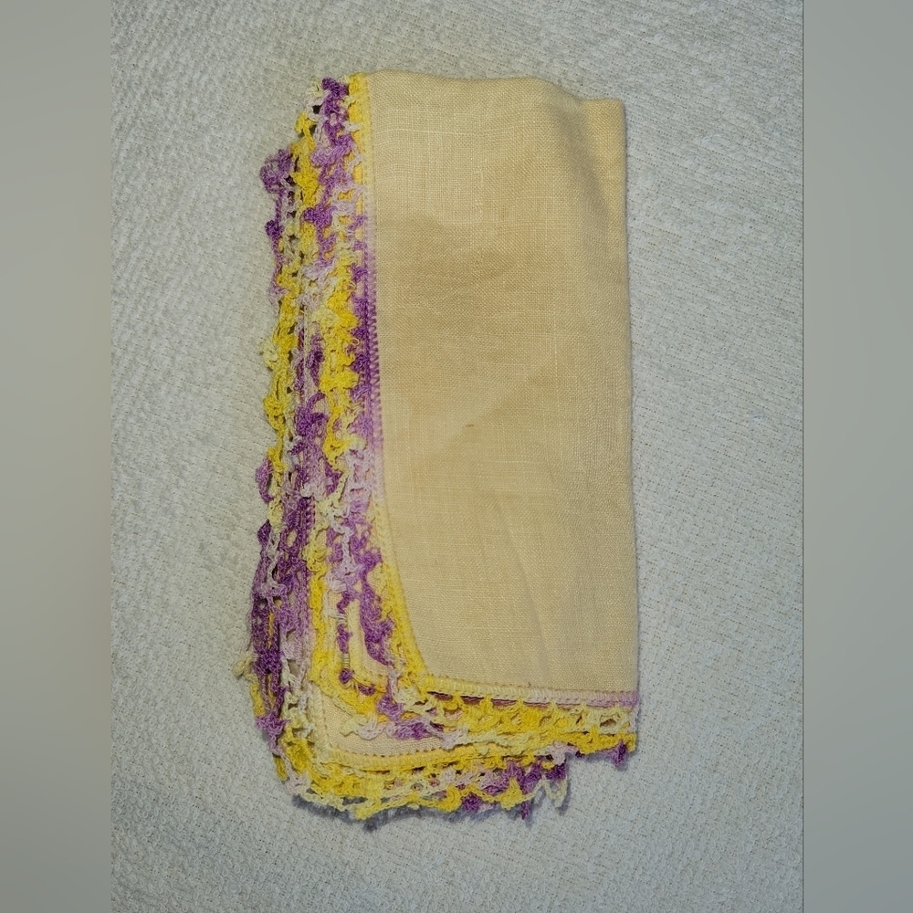Antique Vintage Handkerchief Yellow Purple Lilac Crocheted Edges Hanky